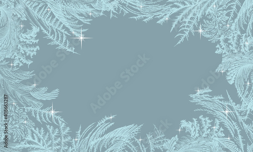 Frost ice window pattern, winter Christmas design frame, fresh cool hand drawn complicated graphic background illustration with sparkles