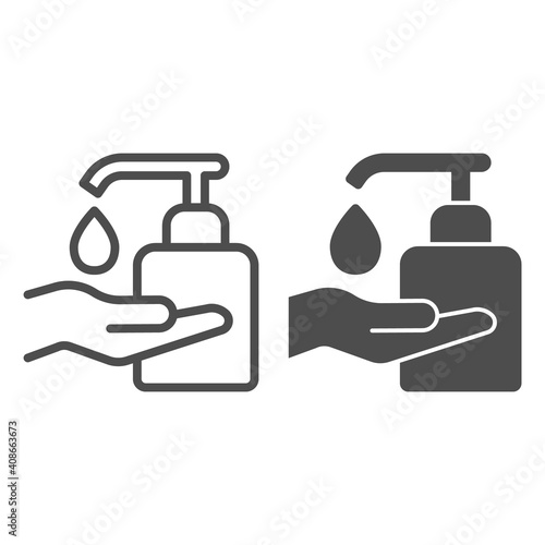 Sanitizer with drop and hand line and solid icon, Corona downturn concept, person doing hand hygiene sign on white background, Washing palm with liquid soap icon in outline style. Vector graphics.