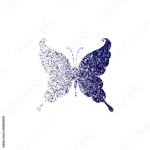 Dark blue butterfly with scattering effect on white background
