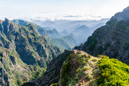 Beautiful mountain scenery near the mountain peak Pico do Arierio on Madeira Island