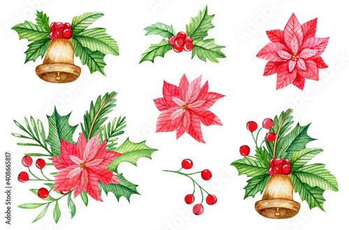 Watercolor christmas compositions with poinsettia flowers and jingle bells. Hand drawn elements isolated on white background