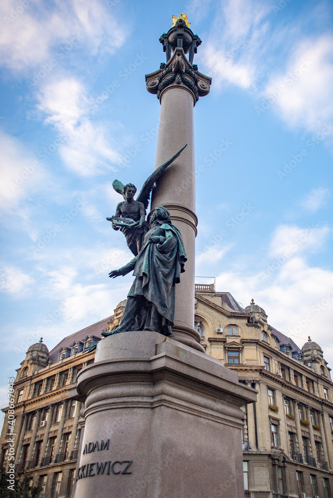 LVIV, UKRAINE - JANUARY 8, 2021: Adam Mickiewicz Monument.