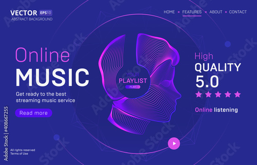 Online music streaming service landing page template with a high-quality rating. Abstract outlined vector illustration of a human silhouette on wireless headphones in 3d neon line art style