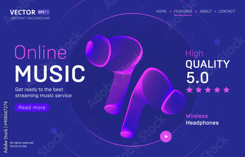 Online music streaming service landing page template with a high-quality rating. Abstract outlined vector illustration of charging wireless headphones silhouette in 3d neon line art style