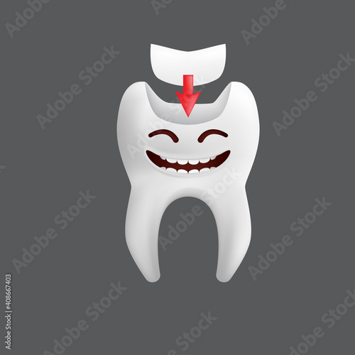 Smiling tooth with a filling. Cute character with facial expression. Funny icon for children's design. 3d realistic vector illustration of a dental ceramic model isolated on a grey background