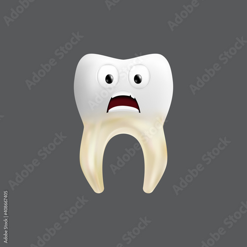 Scared tooth with a tissue grafting. Cute character with facial expression. Funny icon for children's design. 3d realistic vector illustration of a dental ceramic model isolated on a grey background