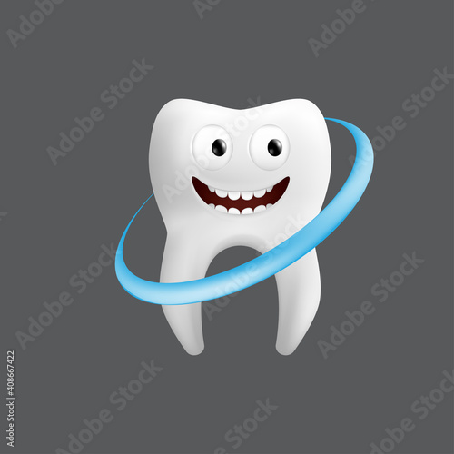 Smiling tooth with a whitening wave. Cute character with facial expression. Funny icon for children's design. 3d realistic vector illustration of a dental ceramic model isolated on a grey background