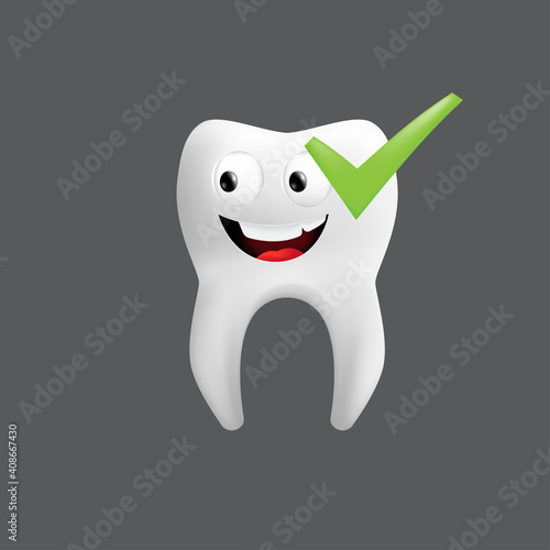 Smiling tooth with a green check. Cute character with facial expression. Funny icon for children's design. 3d realistic vector illustration of a dental ceramic model isolated on a grey background
