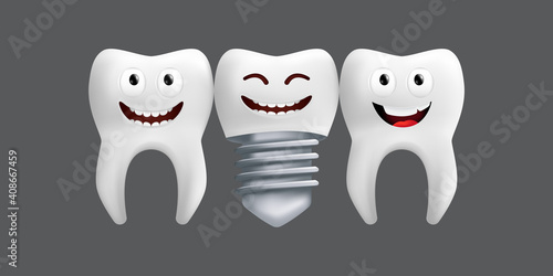 Smiling teeth with metal implant. Cute character with facial expression. Funny icon for children's design. 3d realistic vector illustration of a dental ceramic model isolated on a grey background