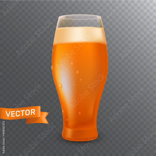 A glass with a pint of a cold light beer, foam, bubbles and drops. 3D realistic vector illustration isolated on a transparent background