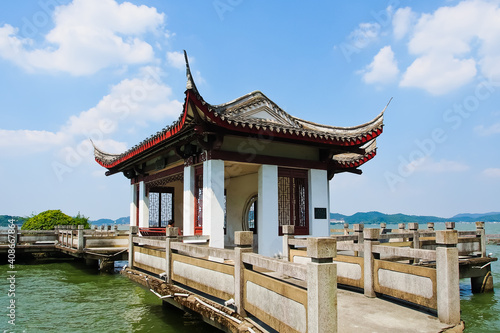 Traditional pavilion on dongqian lake Ningbo China 