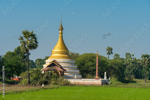 Pagoda amidst rice fields against clear sky, Inwa, Mandalay, Myanmar
