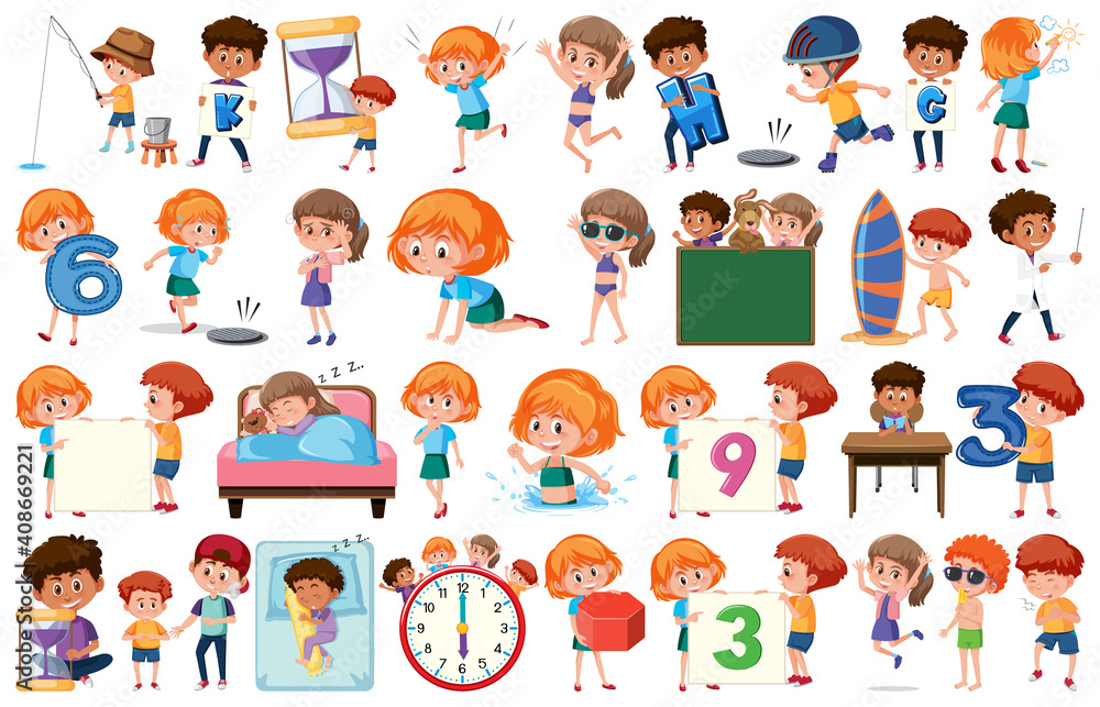 Large set of children doing different activities on white background