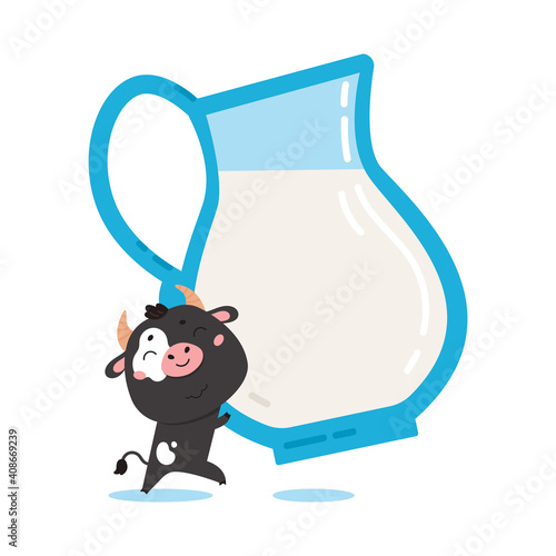 Illustration of farm cow with milk glass jug. Cute cartoon animal character on white background. Vector funny mascot for printing on products and packaging containing milk in simple style. photo