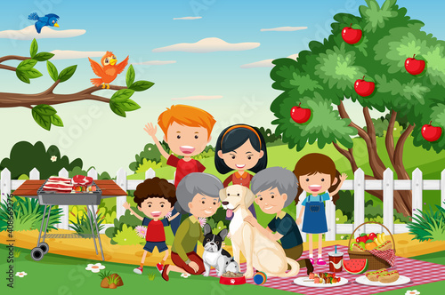 Picnic scene with happy family in the garden