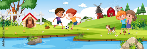 Children playing in nature farm horizontal landscape scene at day time