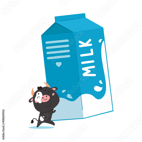 Illustration of cow with a package of milk. Cute cartoon animal character on white background. Vector funny mascot for printing on products and packaging containing milk in flat style. photo