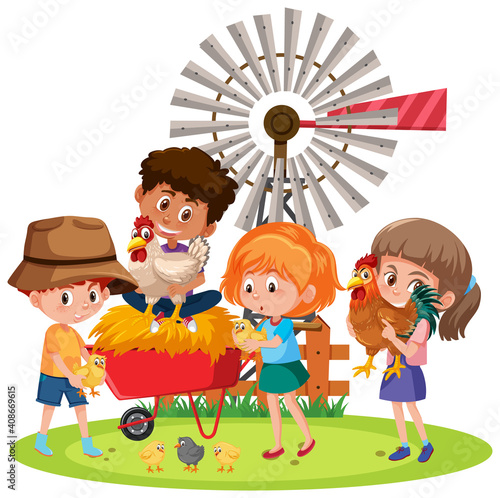 Children holding chicken with farm elements