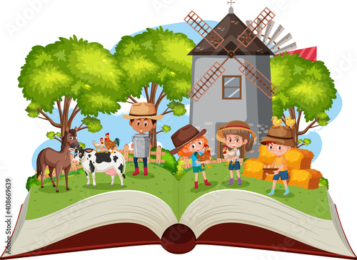 Children in the farm on white background