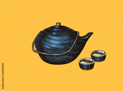 Japanese tea party. Teapot and traditional bowls. Hand Drawn engraved sketch for menu. Monochrome style. Vector illustrations