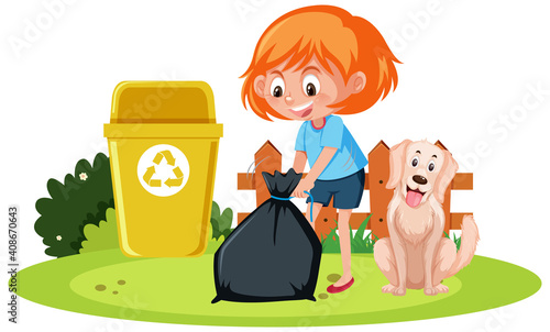 A girl holding trash wth a dog on white background