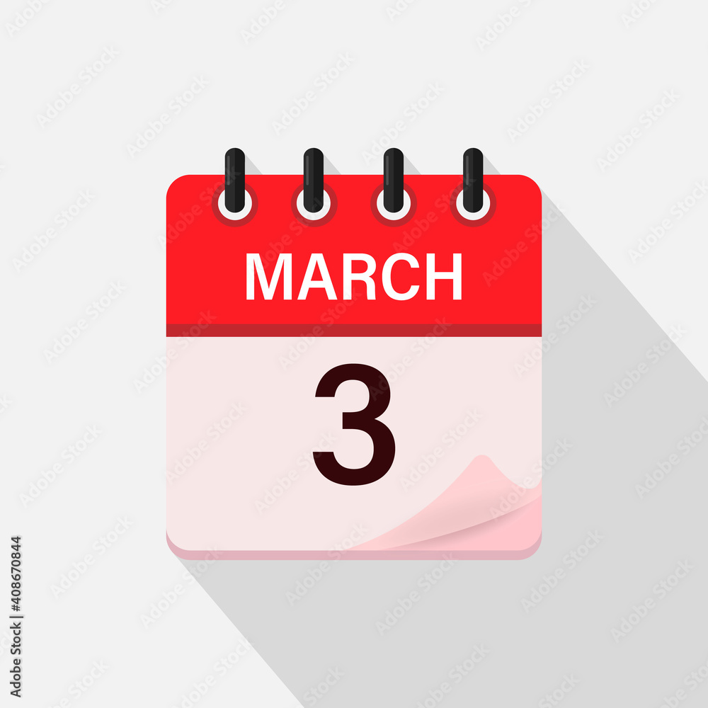 March 3, Calendar icon with shadow. Day, month. Flat vector illustration. March 3, Calendar icon with shadow. Day, month. Flat vector illustration.