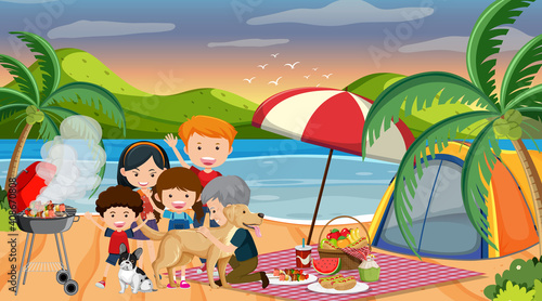 Picnic scene with happy family at the beach