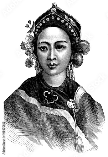 Portrait of a chinese woman. Mistress Senki. Illustration of the 19th century. Germany. White background.