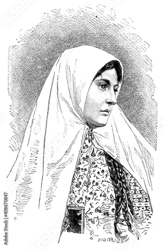 Portrait of Fatemeh Baraghani (Tahirih) - an influential poet, women's right activist and theologian of the Babi faith in Iran. Illustration of the 19th century. Germany. White background. photo