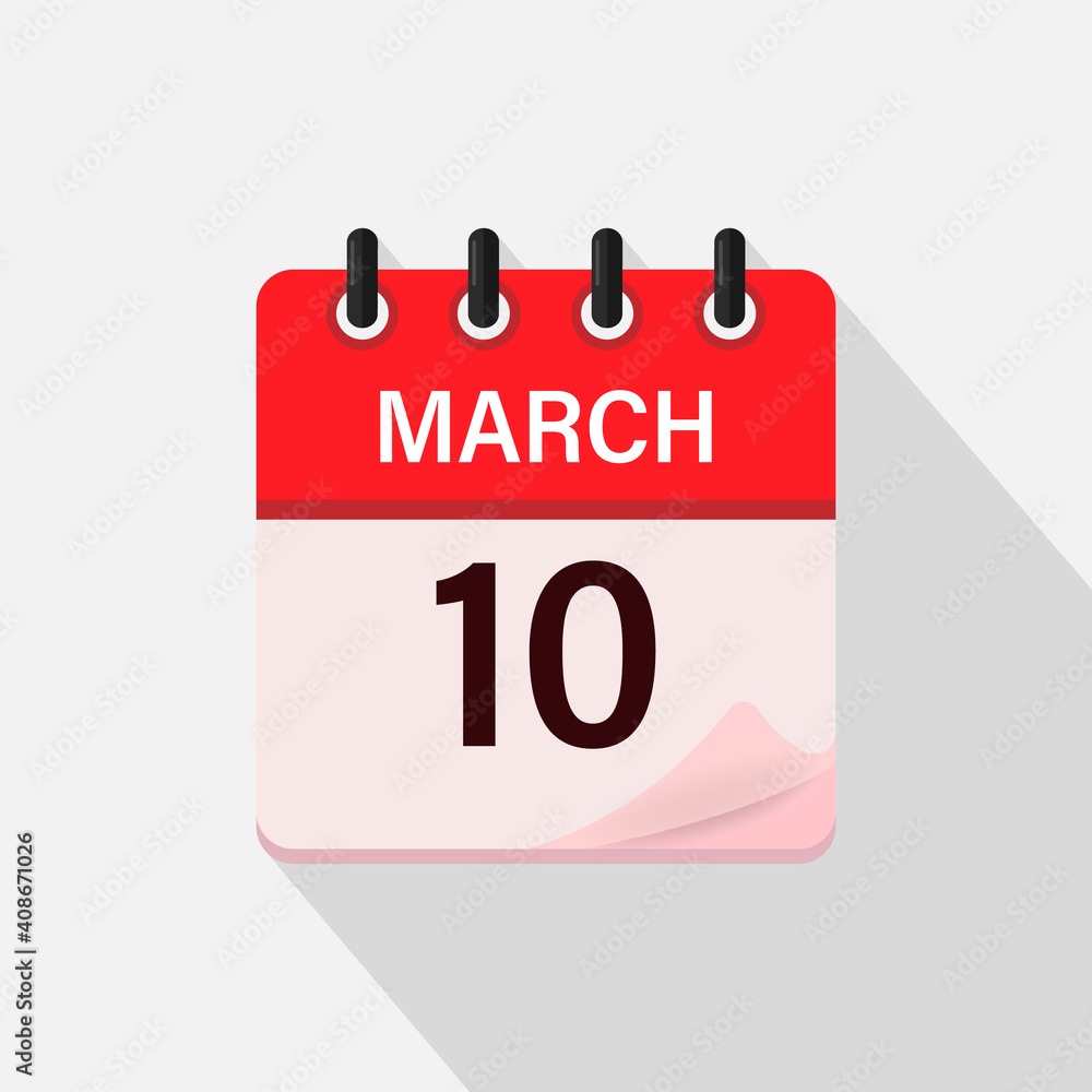 March 10, Calendar icon with shadow. Day, month. Flat vector illustration. March 10, Calendar icon with shadow. Day, month. Flat vector illustration.