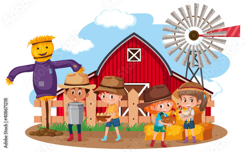Children in farm scene on white background