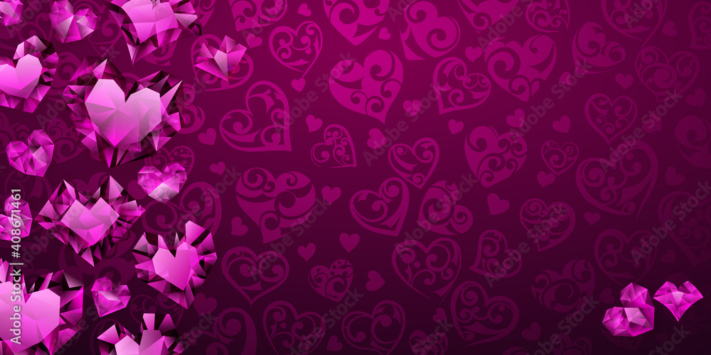 Background of big, small and several crystal hearts in purple colors. Illustration on Valentine Day Background of big, small and several crystal hearts in purple colors. Illustration on Valentine Day