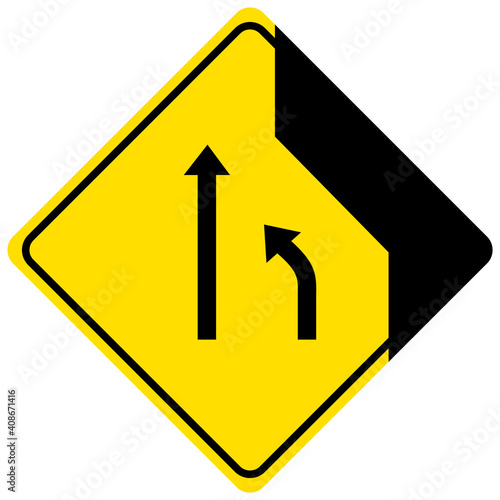 Lane loss traffic yellow sign on white background