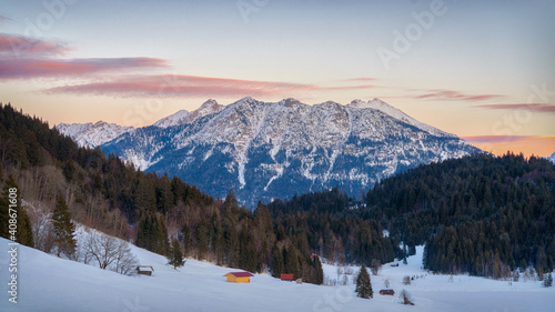 Geroldsee in Southern Bavaria , Germany, during Sunset in Winter 2021