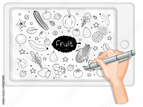 Hand drawing fruit in doodle or sketch style on tablet