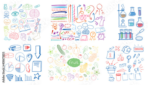 Set of colorful object and symbol hand drawn doodle on white background