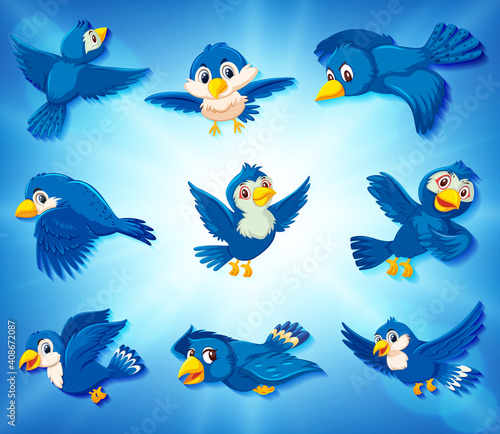 Blue birds on blue background with different position