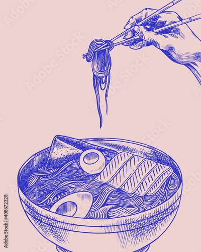  Hand holds chopsticks. Ramen noodles. Japanese food poster. Sushi bar, soup in a bowl, roll and dessert, Asian tea. Soy sauce. Drawn engraved sketch for menu. Monochrome style. Vector illustration