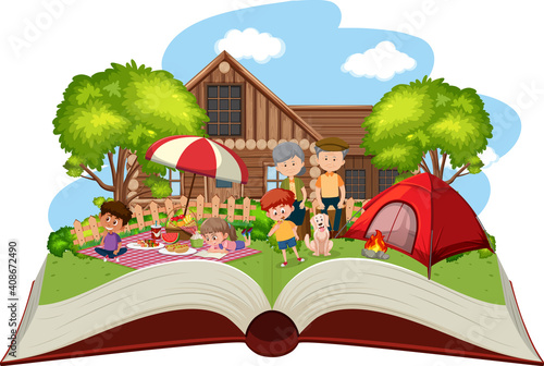 Happy family camping in the garden