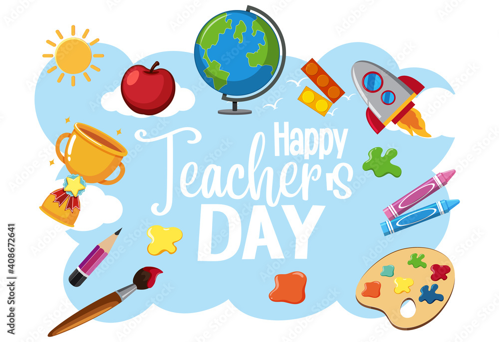 Happy World Teacher's Day logo with student items Happy World Teacher's Day logo with student items