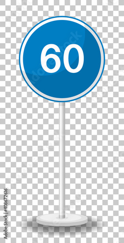 Blue minimum speed limit 60 road sign isolated on transparent background