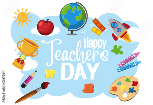 Happy World Teacher's Day logo with student items