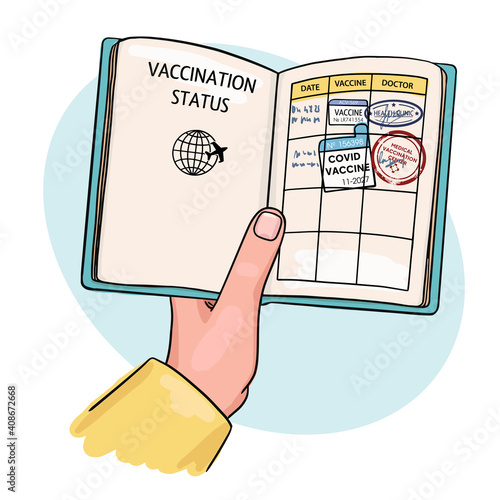 Illustration of the document confirming the vaccination. hand holds a vaccination passport with stamps and signatures of a doctor. Isolated objects on a white background. Doodle style.