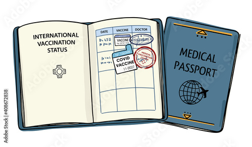Illustration of the document confirming the vaccination. Vaccination passport with stamps and doctor's signatures. Isolated objects on a white background. Doodle style.