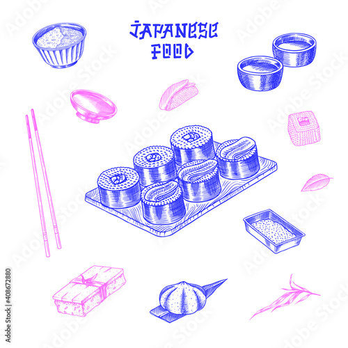 Japanese food poster. Sushi bar, ramen noodles, soup in a bowl, roll and dessert, Asian tea. Soy sauce. Hand holds chopsticks. Drawn engraved sketch for menu. Monochrome style. Vector illustration