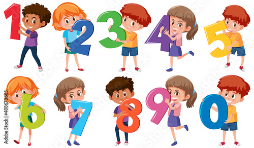 Set of different children holding the numbers isolated on white background