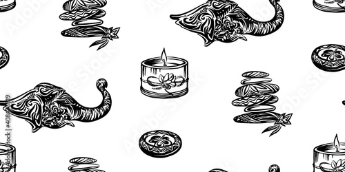 Seamless outline sketch indonesian pattern of elephant head, candle and balancing stone. Endless ink vector drawing of bali resort isolated on white background. Black indonesian illustration