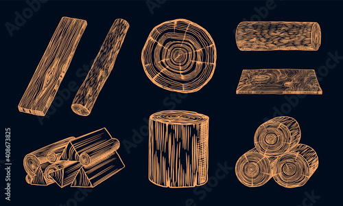 Wood set. Planks and logs, lumber and Cuts, Firewood in vintage style. Pieces of Tree. Vector illusion for signboard, labels, logo or banner. Campfire material. Engraved Hand drawn sketch.