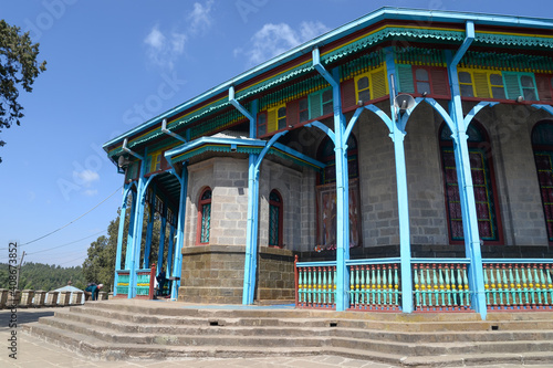 Entoto Maryam Church near the top of Entoto Hill in Addis Ababa, Ethiopia. Emperor Menelik was coronated here. Wooden colorful ornaments. photo
