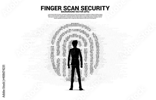 Silhouette businesswoman standing with thumbprint icon from one and zero binary code. background concept for finger scan technology and privacy access.